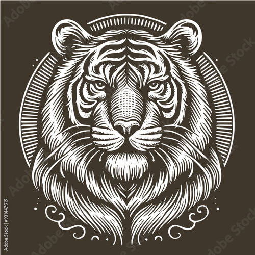 Vector drawing of tiger head in style of woodcut engraving