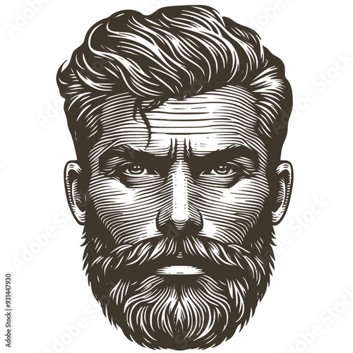 Vector drawing of a man head with a beard, mustache and a trendy haircut in style of woodcut engraving
