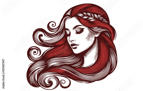 Vector drawing of a woman head with a long hair in style of woodcut engraving