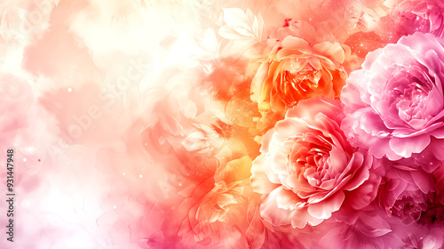 A pink and orange flower bouquet with a white background. The flowers are arranged in a way that they look like they are blooming. Scene is one of beauty and elegance