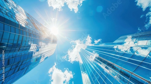 Skyscraper glass facades on a bright sunny day with sunbeams in the blue sky. Modern buildings in Paris business district La Defense. Economy, finances, business activity concept.