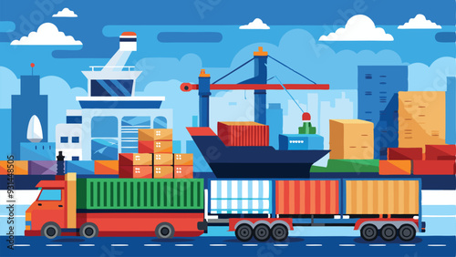 Flat cargo ship in docks. Harbor crane of shipping port loading containers to marine ocean freight vessel boat, worldwide marine industry water transport truck in sea port vector illustration	