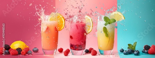 Colorful splash of fruity beverages on vibrant background