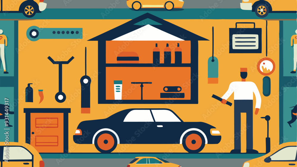 Home garage with car, tools hanging on the wall, a man is repairing the car vector illustration
Home garage with car, tools hanging on the wall, a man is repairing the car vector illustration
