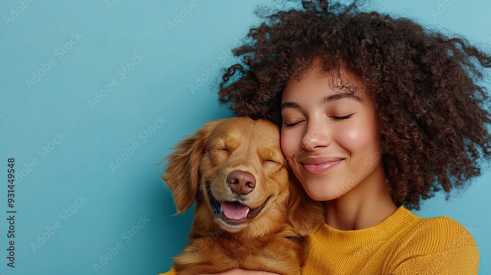 Happy woman with closed eyes embraces her dog against a blue background. Happy woman with closed eyes embraces her dog against a blue background.