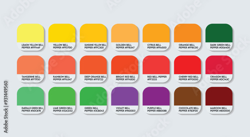 Bell Pepper Color Palette, Bell Pepper Color Guide Palette with Color Names. Catalog Samples of Multicolor colors with RGB HEX codes. cladding sheet Paint colour, Fashion Trend Bell Pepper Color tones