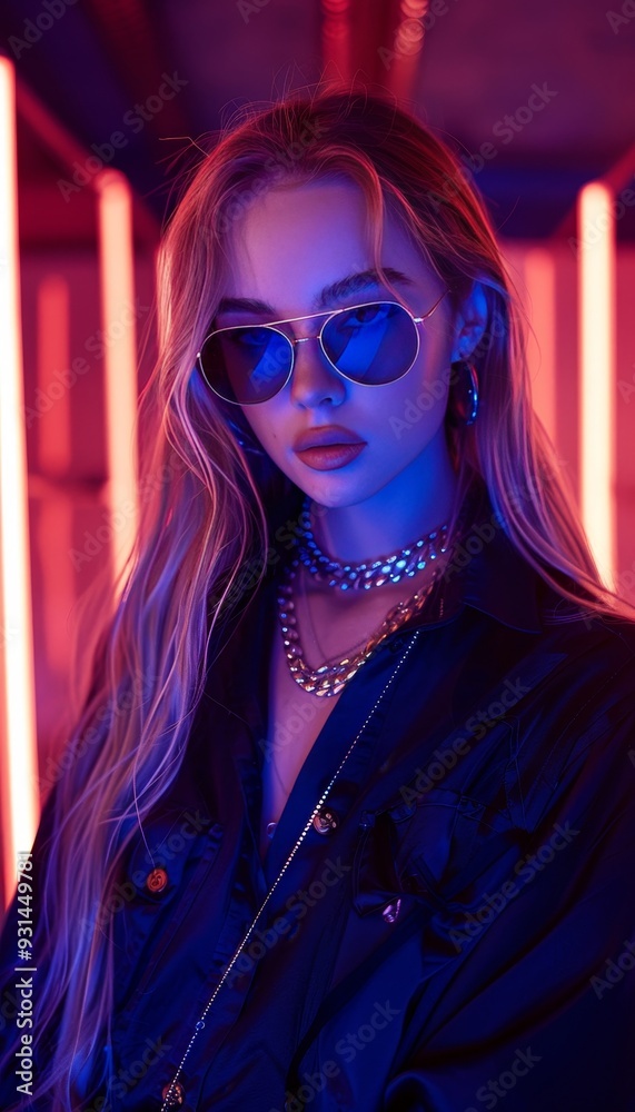Portrait of a Glamorous Young Woman with Sunglasses and Layered Necklaces in a Neon-Lit Setting Portrait of a Glamorous Young Woman with Sunglasses and Layered Necklaces in a Neon-Lit Setting