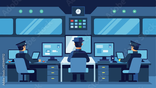 Security control room interior with multiple monitors displaying video vector Illustration	