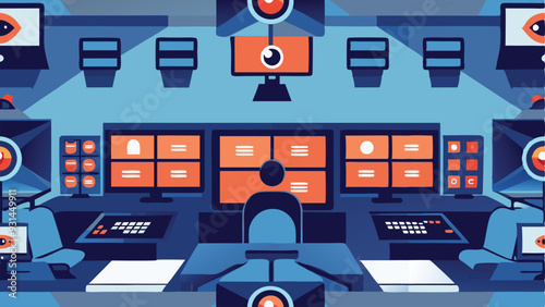 Security control room interior with multiple monitors displaying video vector Illustration	