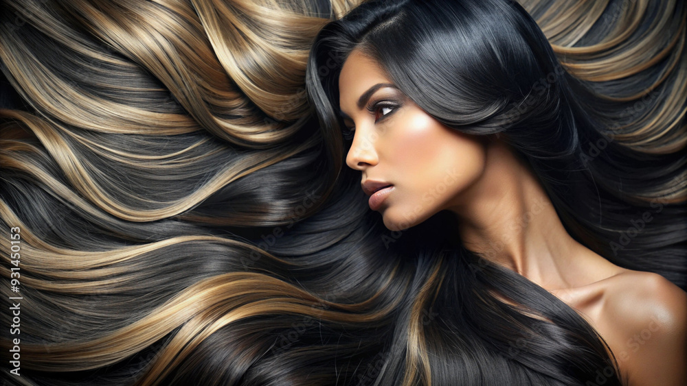 Obraz premium Beautiful hair. Beauty woman brunette with long shiny highlighted hair as background