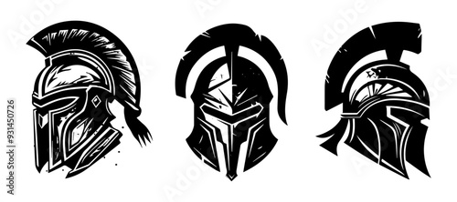 Vector set of spartan warrior helmet black logos.