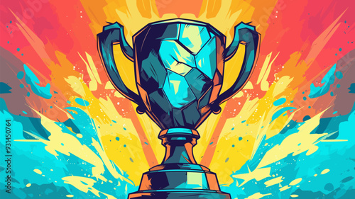 Shiny trophy on a colorful splashy artistic background, vector illustration.