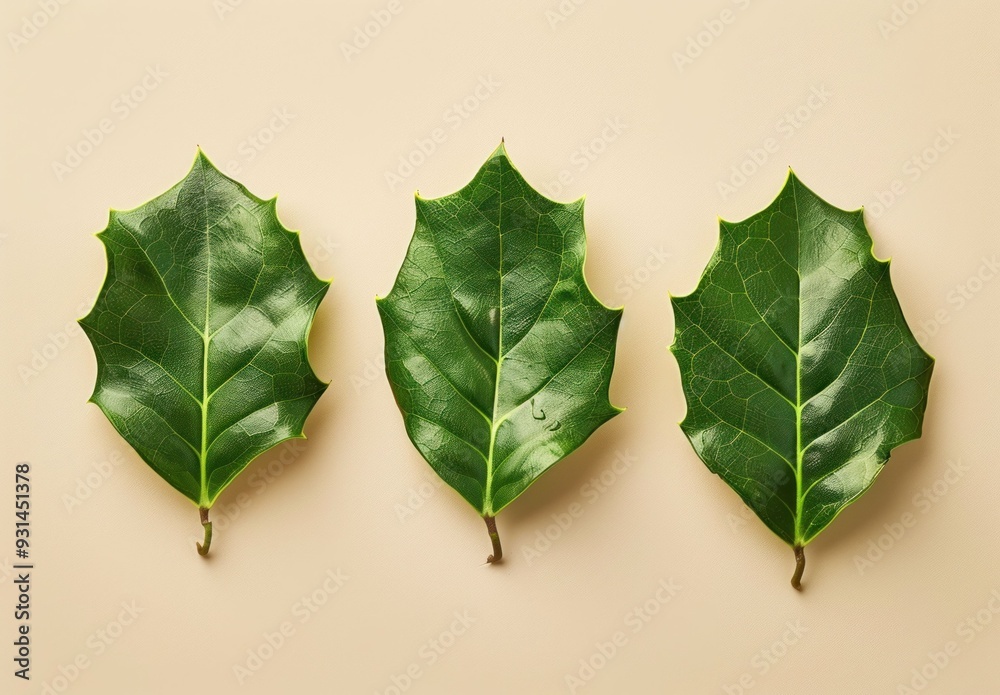 Fototapeta premium Three green holly leaves arranged on a soft beige background showcasing their vibrant color and texture