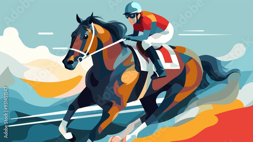Jockey sprinting with a racehorse on a horse racing trak, flat style colorful vector illustration.