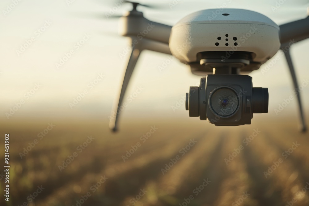 Surveillance drone hovering over a field during a golden hour with a close-up view Surveillance drone hovering over a field during a golden hour with a close-up view