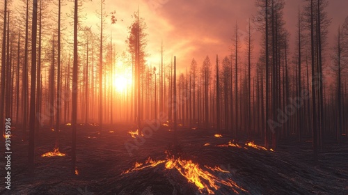 Fototapeta Naklejka Na Ścianę i Meble -  A breathtaking sunset illuminating a burned forest landscape, showcasing the stark beauty of nature's resilience after fire.