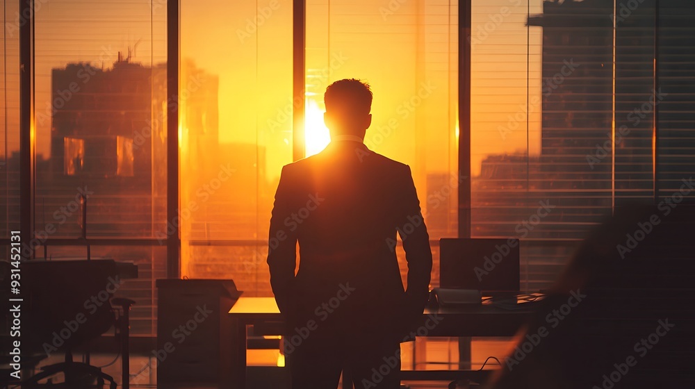 Silhouette of a businessman in the office during sunset, captured with high resolution and dramatic backlighting. Silhouette of a businessman in the office during sunset, captured with high resolution and dramatic backlighting.