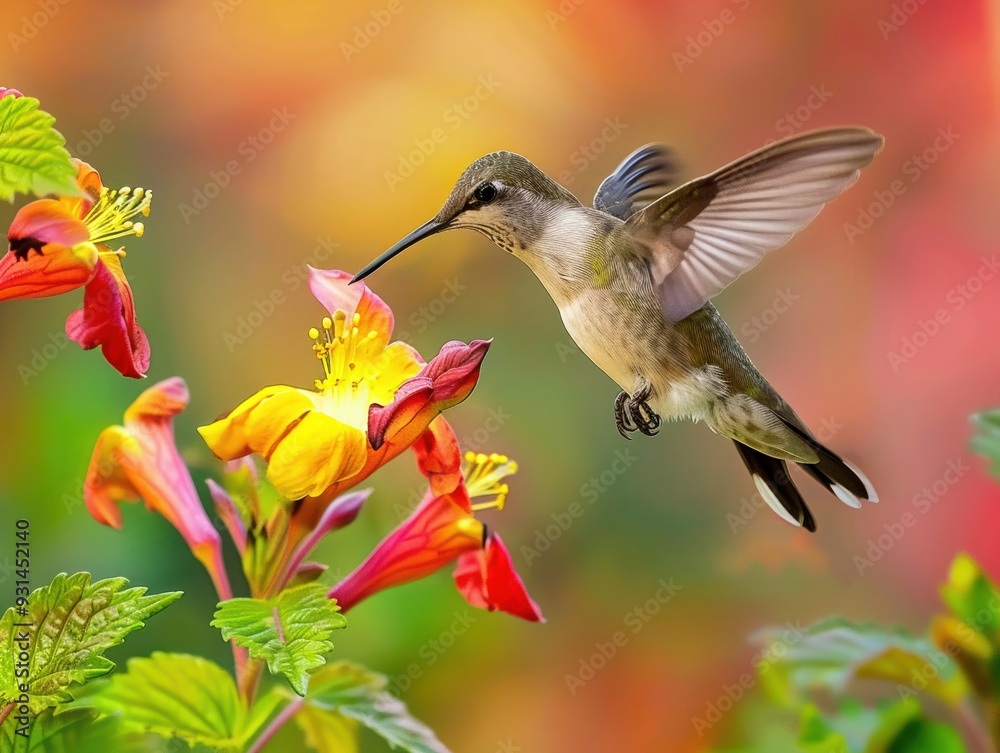 A hummingbird feeding at a bright flower A hummingbird feeding at a bright flower