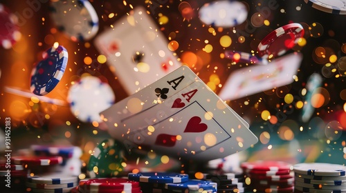 A pair of aces, hearts and clubs, fall onto a table with a stack of colorful casino chips, surrounded by bokeh lights.