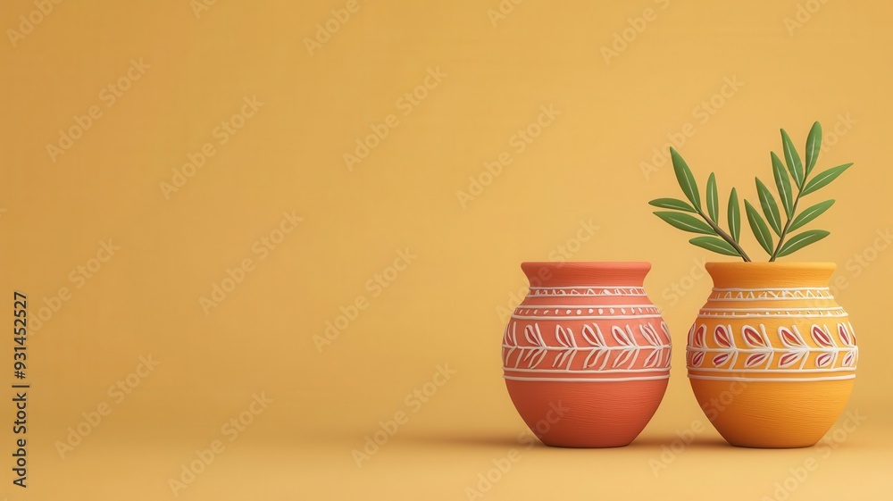Decorated earthen pots, used for Diwali decor, 3D illustration Decorated earthen pots, used for Diwali decor, 3D illustration