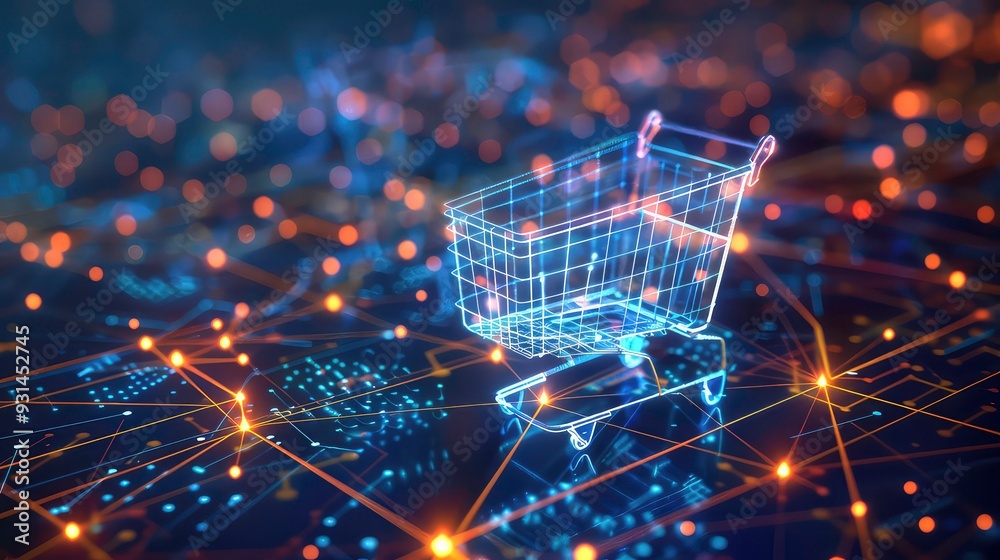 A wire frame shopping cart with glowing lights, representing online shopping and digital commerce. Generative AI A wire frame shopping cart with glowing lights, representing online shopping and digital commerce. Generative AI