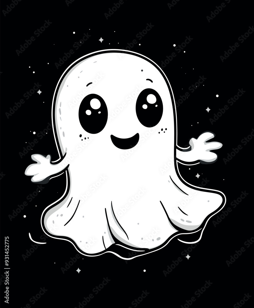 Vector Cute cartoon ghost with big eyes and blush cheeks on a black background. Vector Cute cartoon ghost with big eyes and blush cheeks on a black background.