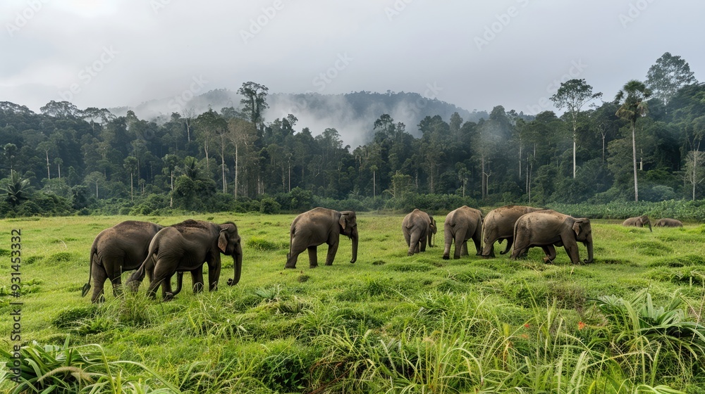 Fototapeta premium Elephants roaming freely in a protected sanctuary
