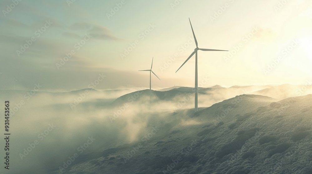 Innovatively designed wind turbines on a misty hill Innovatively designed wind turbines on a misty hill