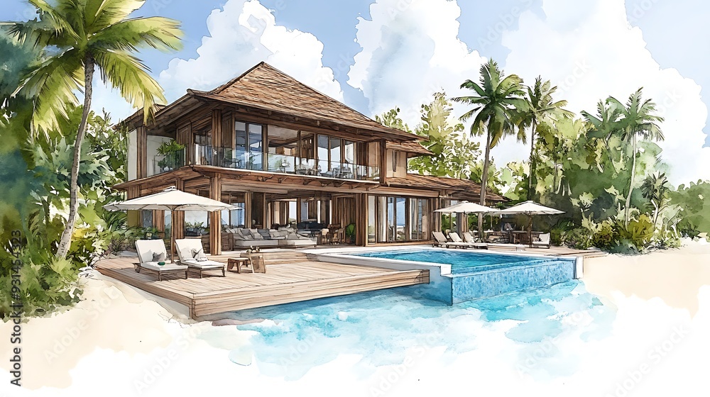 Fototapeta premium Watercolor Painting of a Tropical Villa with a Swimming Pool.
