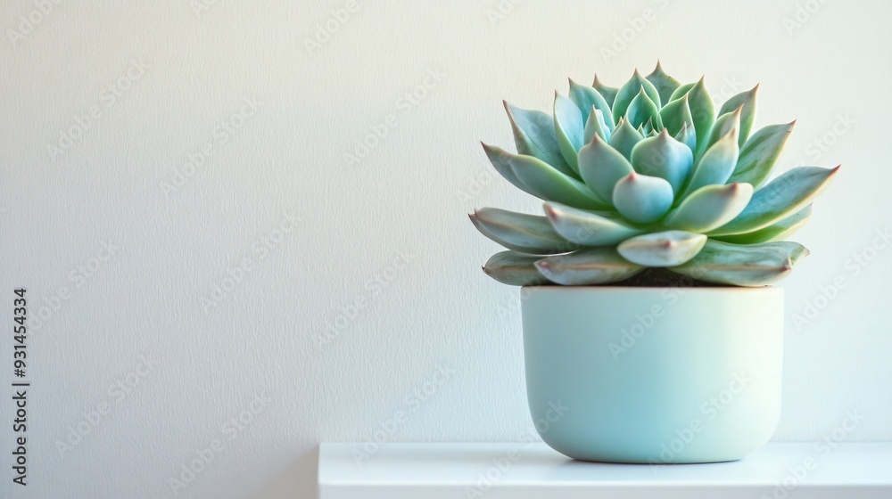 Close-Up of a Potted Succulent on White Shelf with Minimalist Background Close-Up of a Potted Succulent on White Shelf with Minimalist Background