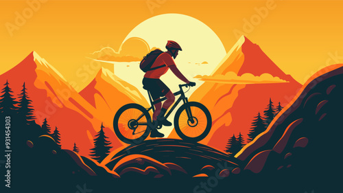 Extreme mountain biker riding on hills, on a mountainous, beautiful wild nature background during sunset. Bike adventure horizontal poster, vector illustration.