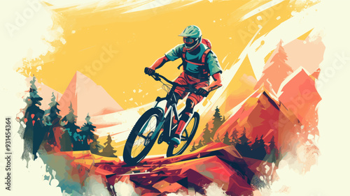 Extreme mountain biker rushing downhill with bike on a rough terrain, vector poster illustration.