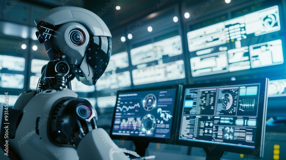 A cybernetic robot monitors data on multiple high-tech screens in a futuristic control center, highlighting advancements in AI and data integration. A cybernetic robot monitors data on multiple high-tech screens in a futuristic control center, highlighting advancements in AI and data integration.