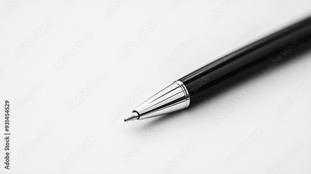 Sleek Black Pen on Pristine White Desk Surface Sleek Black Pen on Pristine White Desk Surface