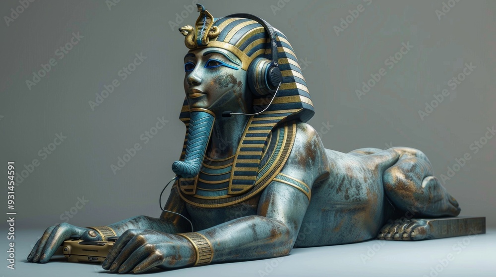 Fototapeta premium Egyptian Sphinx with Modern Headset Playing Video Games - Fusion of Ancient and Modern Technology