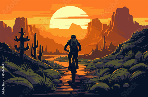 Biker riding on a trail to canyons during sunset, in wild nature with cactuses and rocks, vector illustration.