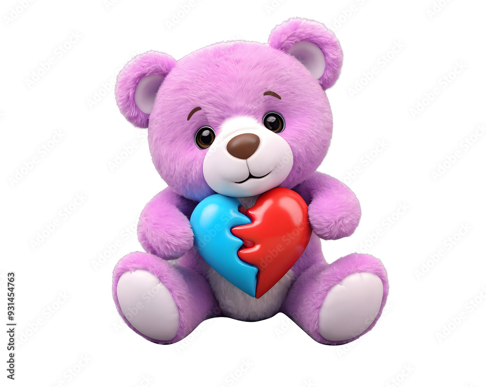 Obraz premium Cute Teddy Bear Holding a Red and blue broken Heart Isolated on Transparent Background. 