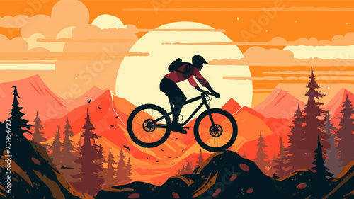Extreme mountain biker jumping on rock hills, on a mountainous, beautiful wild nature background during sunset, vector illustration.