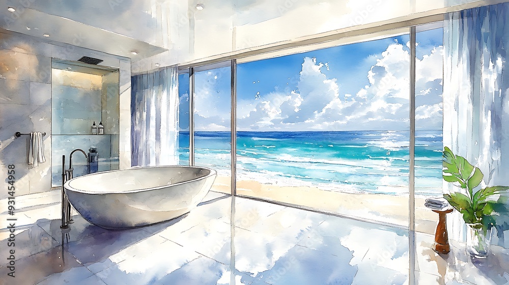 Fototapeta premium Relaxing Bathroom with Ocean View.