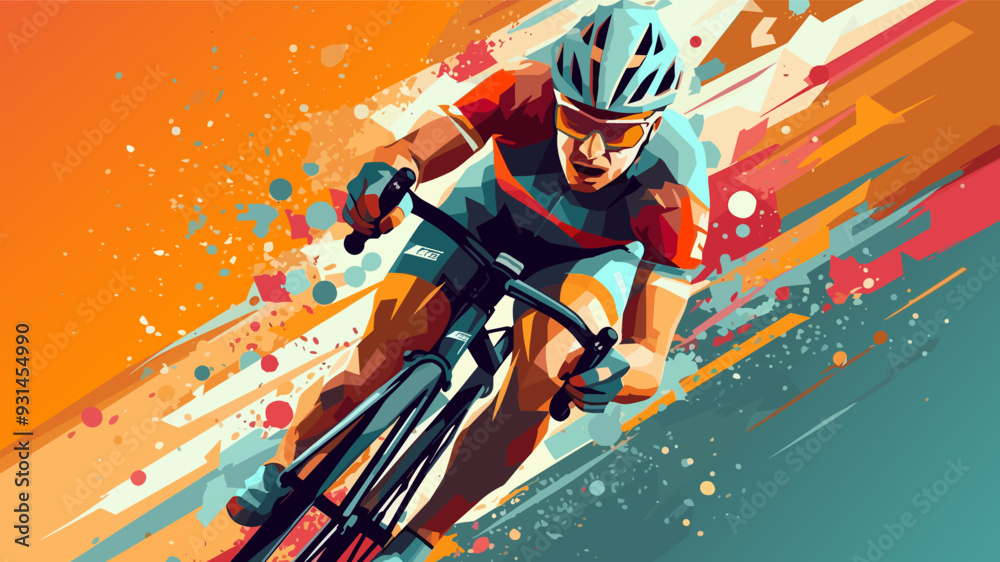 Obraz premium Professional bicycle racer riding a bike on abstract colorful graphic background. Cycle sport flat art poster, vector illustration