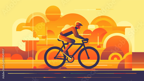 A bicyclist riding a bike on abstract, orange color geometrical background. Cycle sport flat tart style poster, vector illustration.