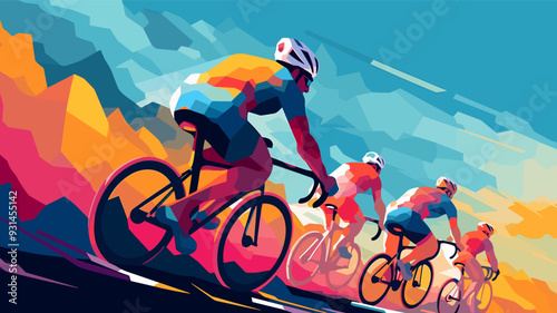 Bicycle racers riding bikes on cycling tournament. Cycle sport low-poly style, colorful vector poster.