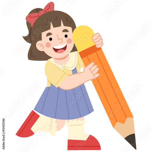 Vector illustration of happy girl carrying a big pencil