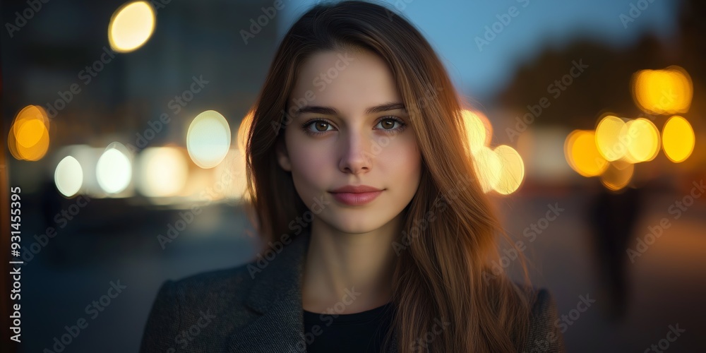 A woman with long brown hair and a black shirt is standing in front of a blurry background. The image has a moody and mysterious feel to it, as the woman's face is the only clear A woman with long brown hair and a black shirt is standing in front of a blurry background. The image has a moody and mysterious feel to it, as the woman's face is the only clear