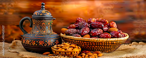 A bowl of nuts and a teapot are on a table. The teapot is decorated with a pattern and the nuts are scattered around it. The scene gives off a cozy and inviting atmosphere