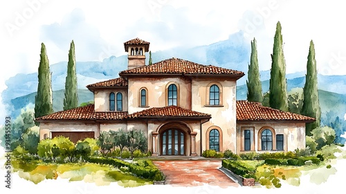 Watercolor Painting of a Tuscan Villa with a Red Tile Roof. photo