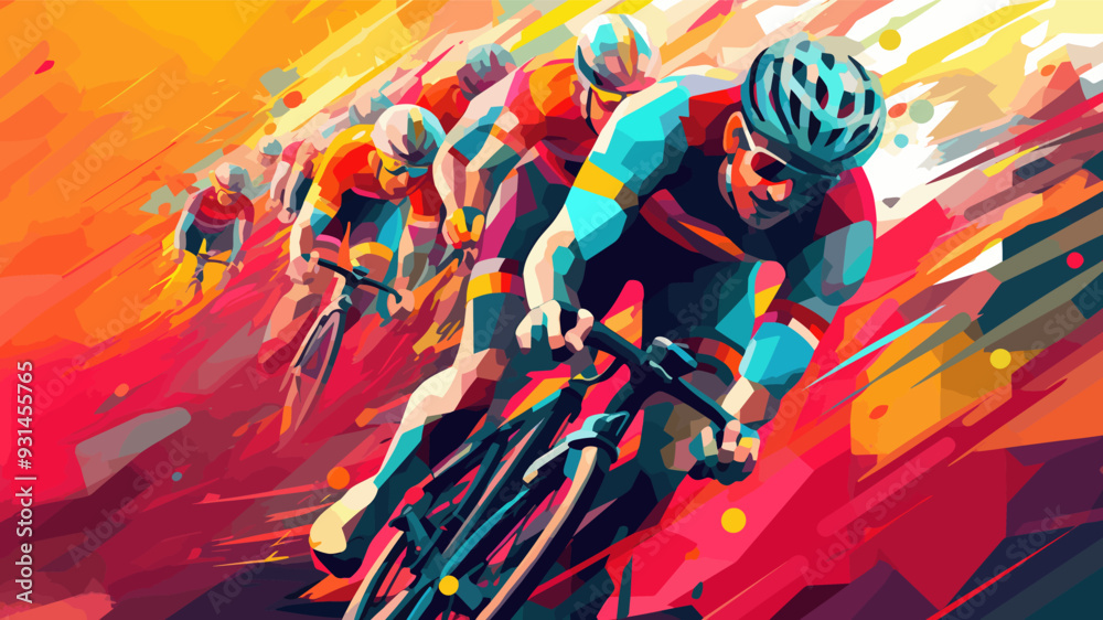 Obraz premium Bicycle racers competing on cycling championship. Cycle sports event, abstracrt style colorful vector illustration.
