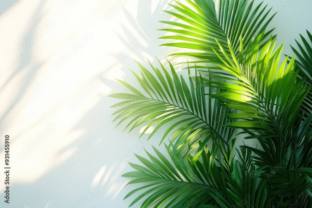 A vibrant display of tropical leaves against a light wall. Sunlight casts soft shadows, creating a serene and fresh atmosphere for decor. A vibrant display of tropical leaves against a light wall. Sunlight casts soft shadows, creating a serene and fresh atmosphere for decor.