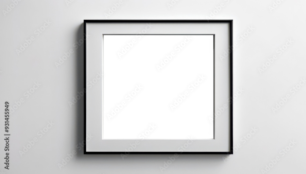 Simple black and white picture frame hangs on a white wall, mockup concept, minimal, cutout, png Simple black and white picture frame hangs on a white wall, mockup concept, minimal, cutout, png