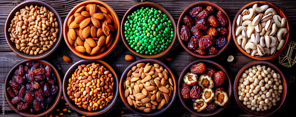 A variety of nuts and seeds are displayed in bowls on a wooden table. The bowls are arranged in a row, with some containing more nuts than others. Concept of abundance and variety